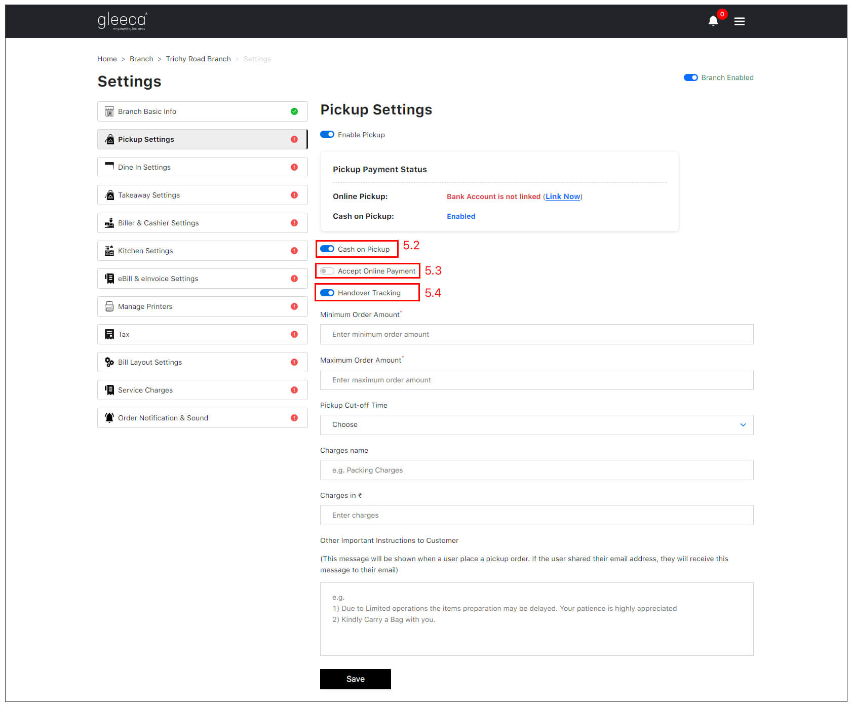 Pickup Settings Features